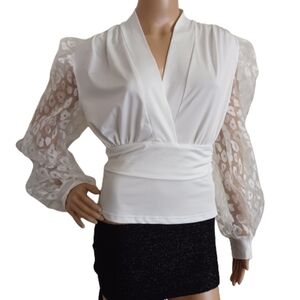 CHICME White Puff Sleeve Cheetah Lace V-neck Plunge Blouse Bridal Top Medium